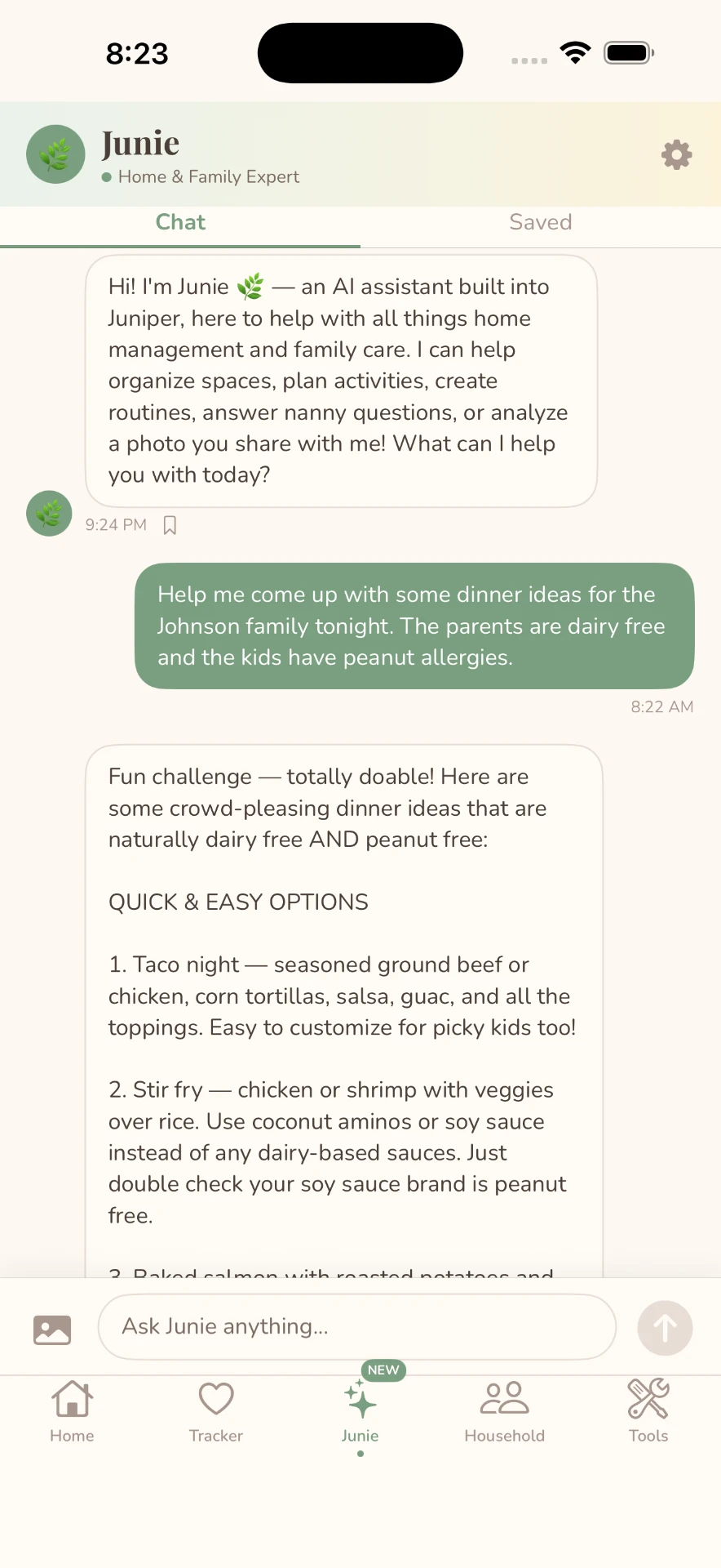 Junie AI chat turning a parent's message into calendar events, to-dos, and grocery items