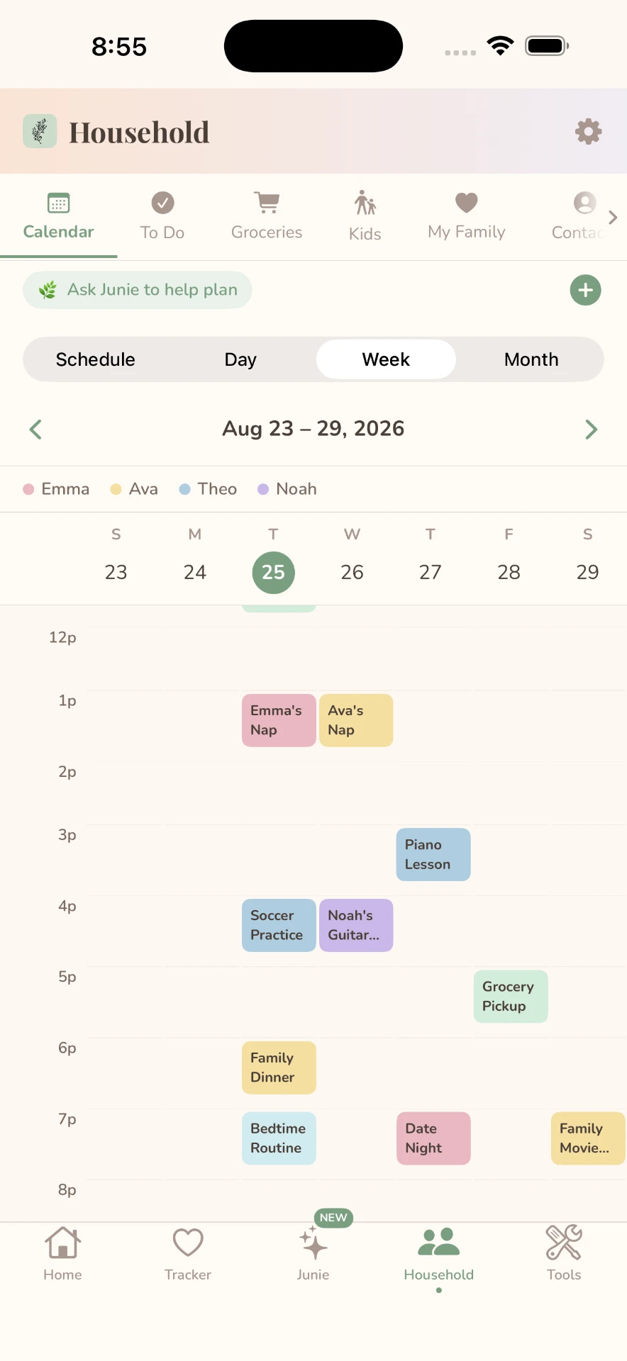 Juniper shared weekly household calendar color-coded by child